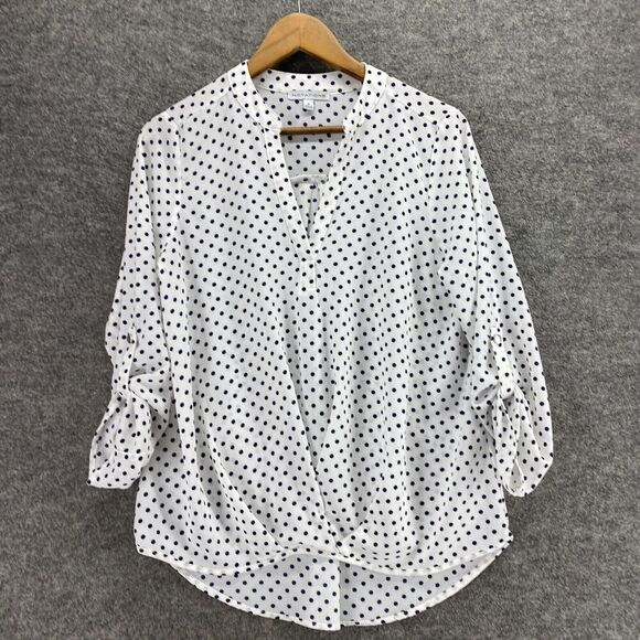 5/$45 Notations Blouse Women M Medium White Polka Dot V-Neck Long Sleeve - Picture 3 of 9